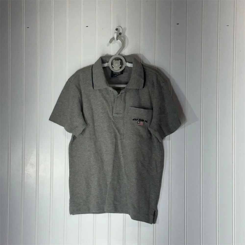 Polo Jeans Co Ralph Lauren Boys‎ Size 6 Gray Polo Shirt USA Flag 100% Cotton Y2K
